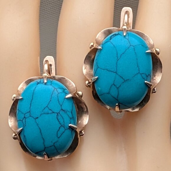 LARGE Russian Russia 14K Rose Pink Gold Turquoise Cabochon Pierced Earrings - Picture 3 of 15